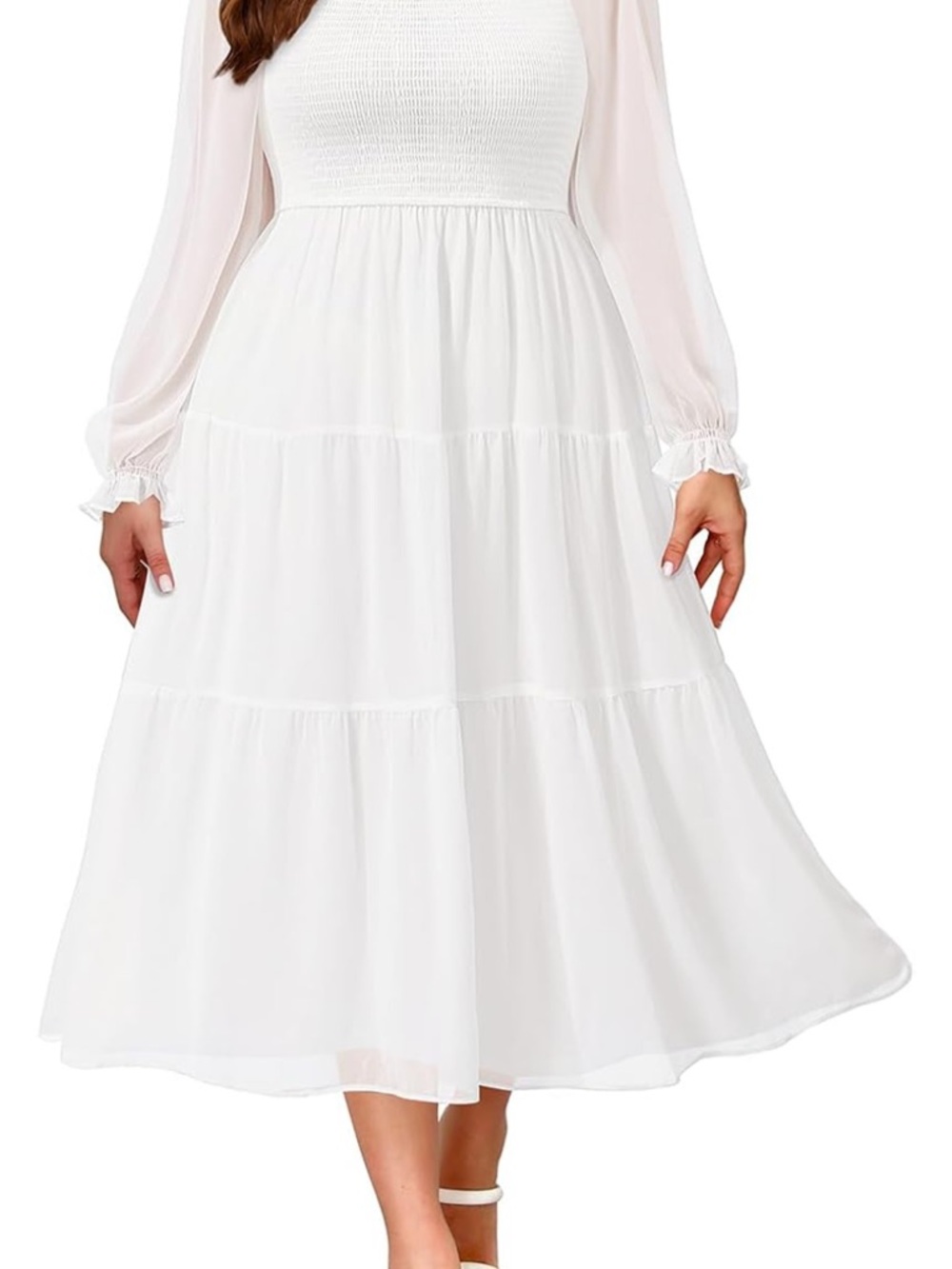 Amazon White Midi Dress with Sheer Long Sleeves